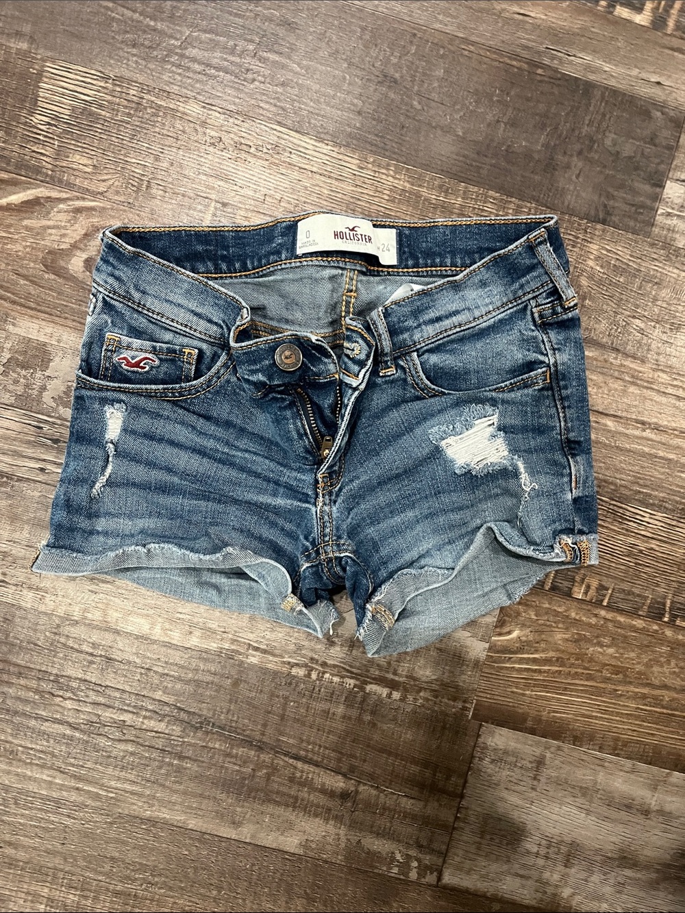 Hollister Women's Mid-Blue Distressed Roll-Hem Denim Shorts